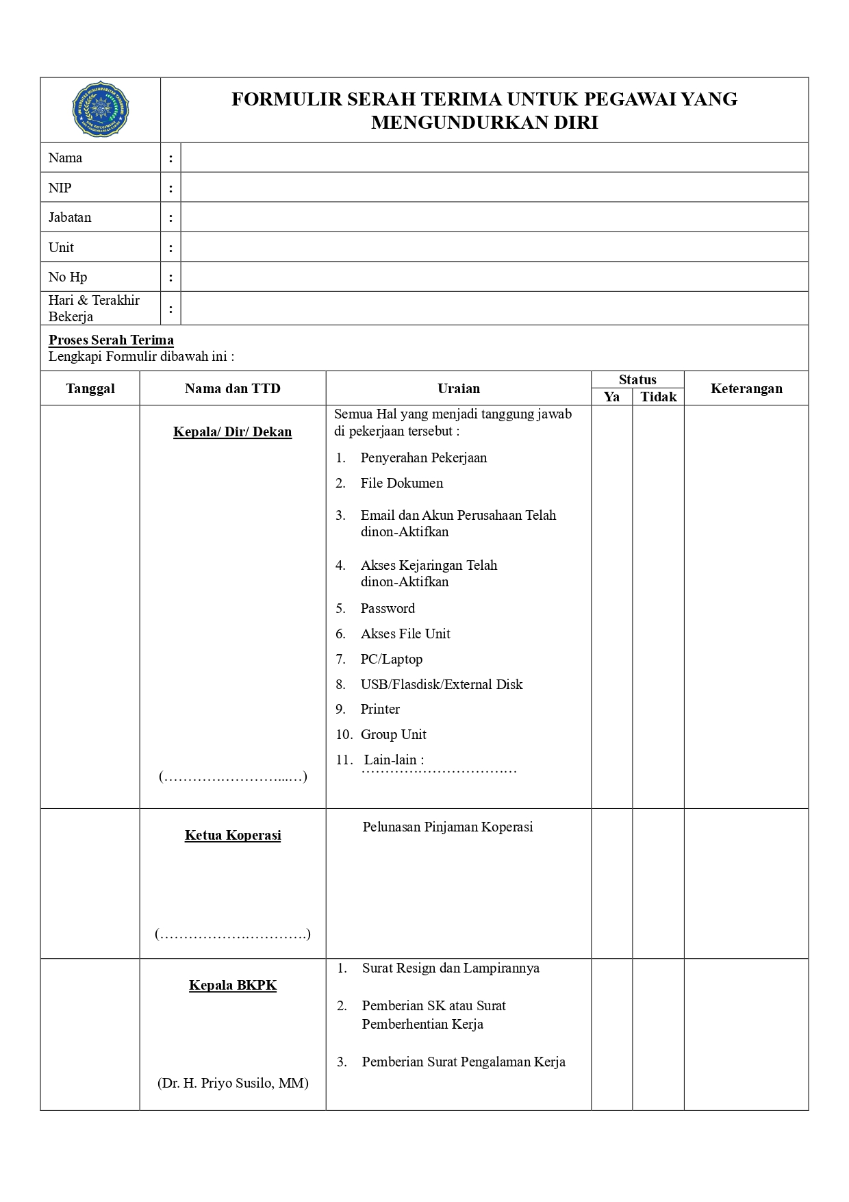 FORM EXIT EMPLOYEE CLEARANCE - BKPK UMT